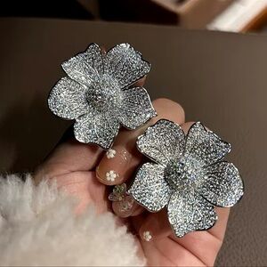 Floral Crystal Encrusted Silver Zirconia Earrings